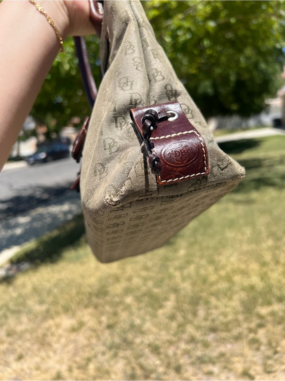 Vintage Dooney & Bourke Monogram Canvas Tote Bag with Brown Leather Trim - Picture 8 of 11